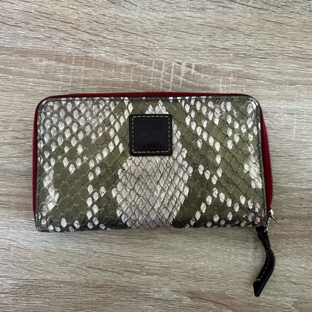 Dooney and Bourke Red and Gold Snake Print Leather Zip Wallet
